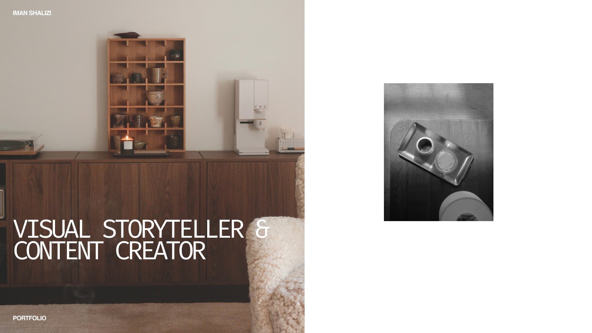 Portfolio cover: Iman Shalizi, visual storyteller and content creator.