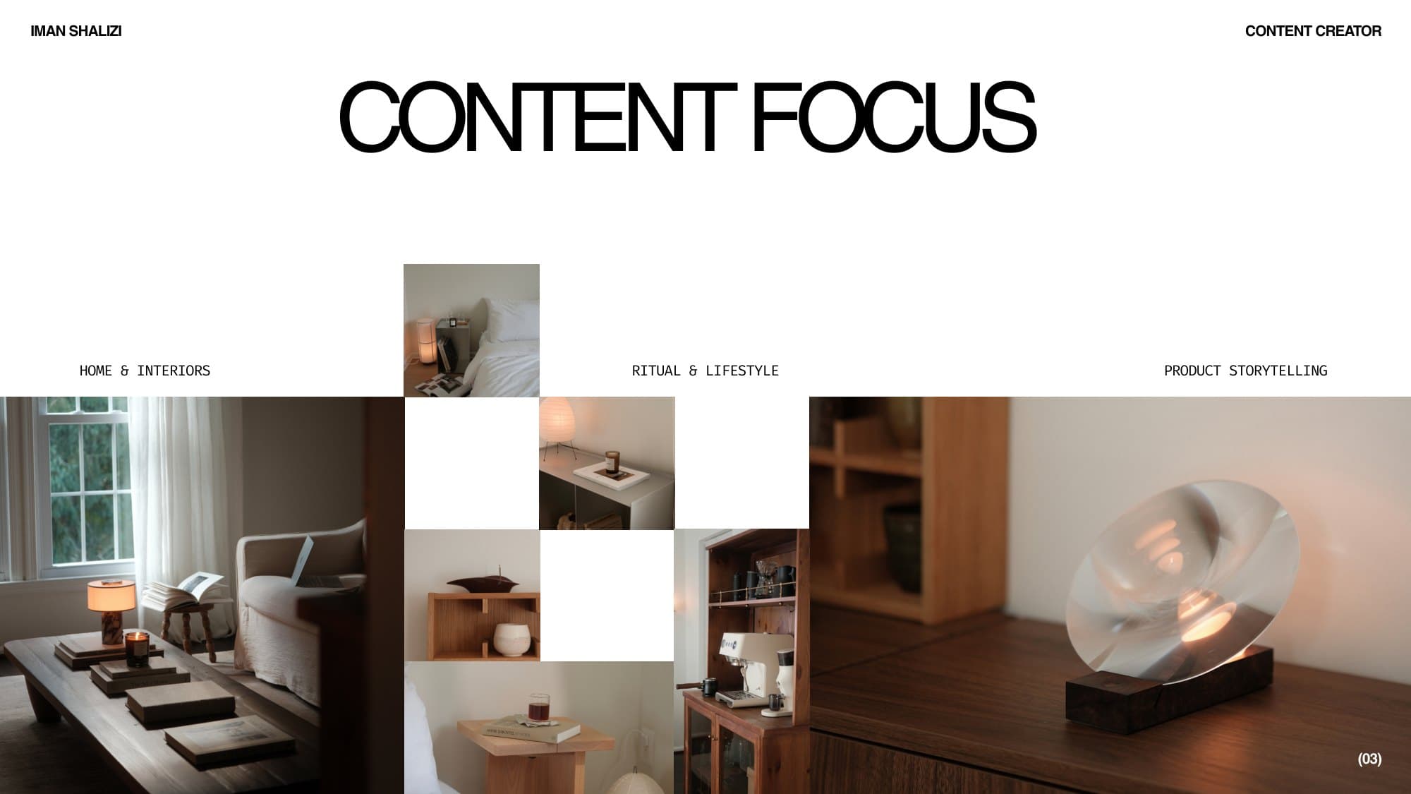 Content focus: home and interiors, ritual and lifestyle, and product storytelling, shown with photographs from Iman's home.